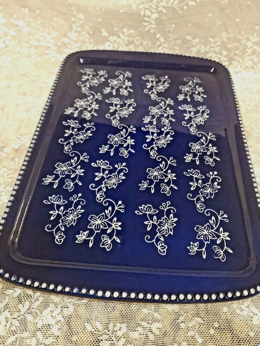 Temptations Floral Lace Cobalt Blue & White 15" Baking Serving Dish Platter